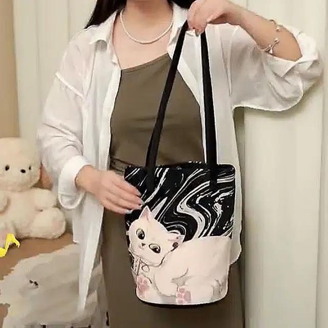 奥松 时尚百搭休闲磁扣开合 绒面科技布 水桶包单肩包 女款 拽拽猫