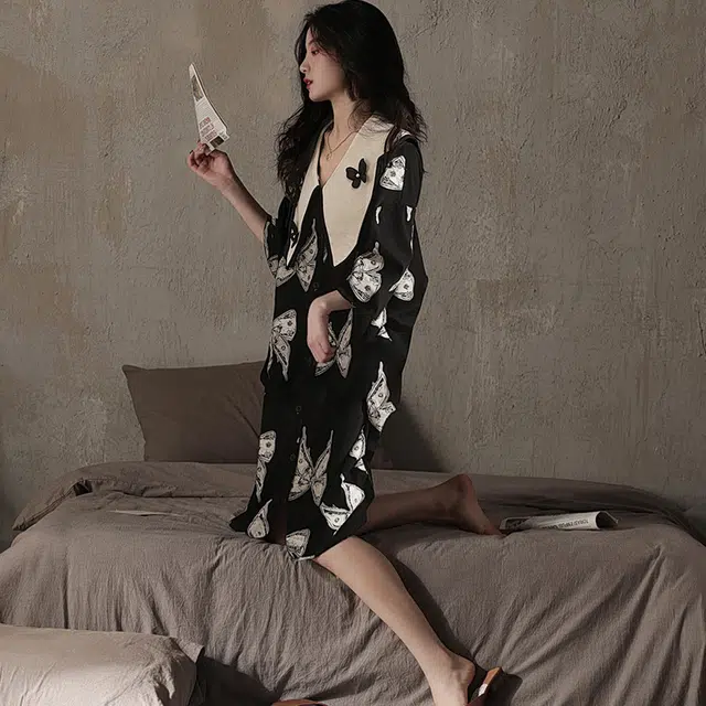 兰缪 轻奢法式蝴蝶印花优雅设计时尚可外穿五分袖睡裙 女款