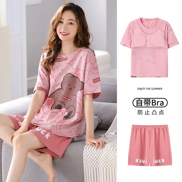 兰缪 纯棉粉色卡通女生家居服短袖五分裤夏季薄款睡衣套装 女款
