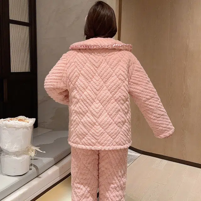 俞兆林 甜美翻领保暖长袖上衣加绒加厚家居服长裤睡衣套装 女款 豆沙色