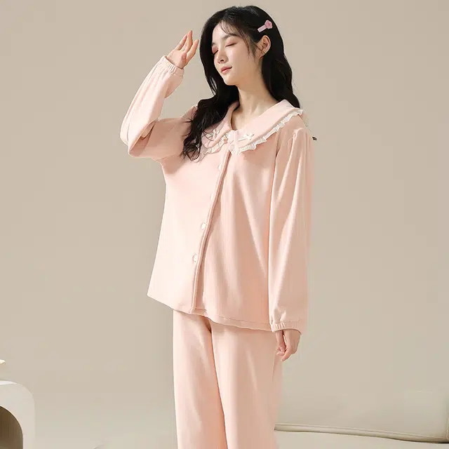 俞兆林 甜美纯色时尚少女娃娃领长袖长袖海岛绒加厚蓄温休闲亲肤睡衣套装 秋冬季 女款