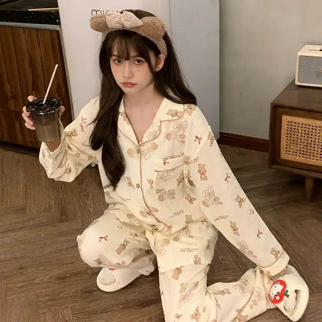 俞兆林 可爱时尚卡通高级感柔软纯棉翻领甜美少女学生舒适长袖长裤家居服睡衣套装 秋冬季 女款