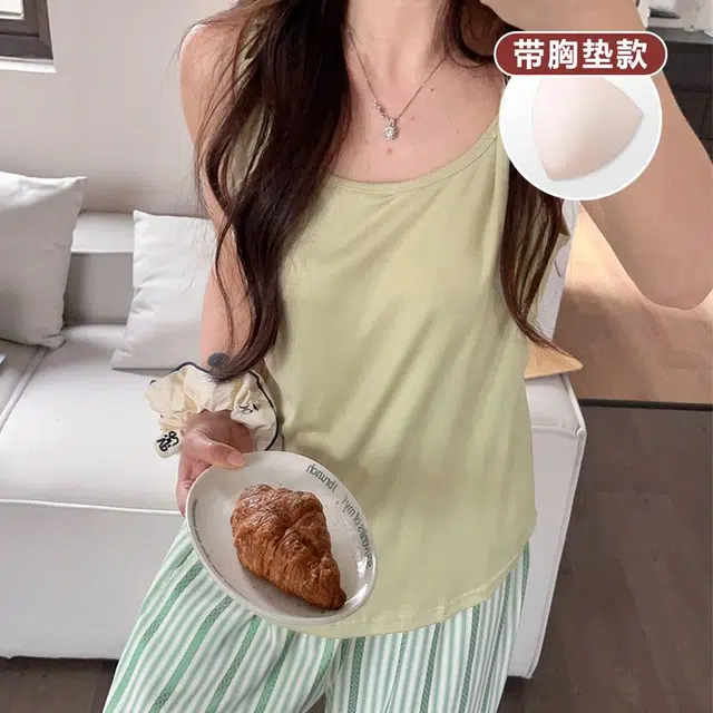 俞兆林 柔软带胸垫简约纯色背心长裤甜美舒适休闲家居服睡衣套装 女款