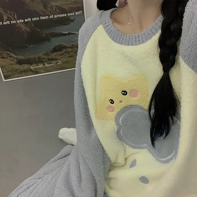 俞兆林 简约可爱云朵星星卡通甜美长袖长裤保暖休闲舒适睡衣套装 女款 灰色
