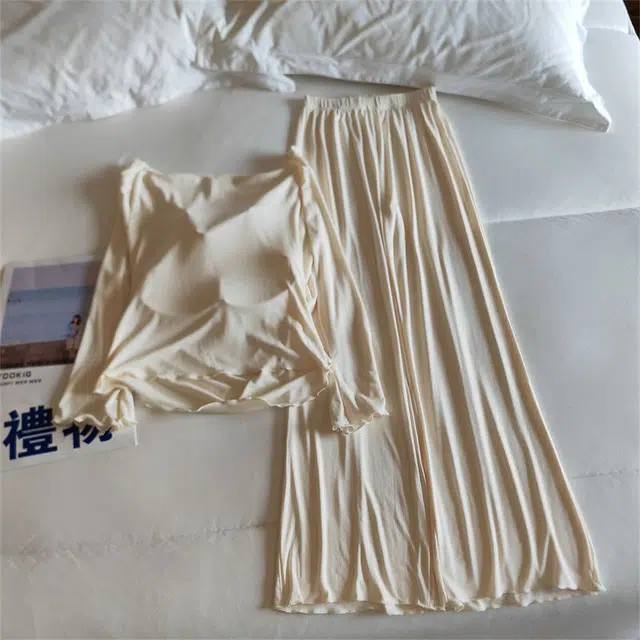 俞兆林 带胸垫夏天轻奢高级感纯色长袖长裤柔软莫代尔两件套宽松舒适家居服睡衣礼盒 夏季 女款