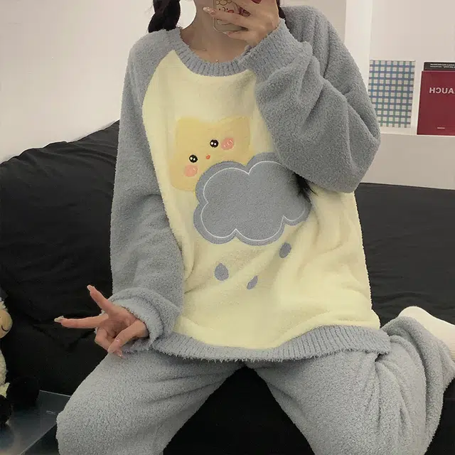 俞兆林 简约可爱云朵星星卡通甜美长袖长裤保暖休闲舒适睡衣套装 女款 灰色