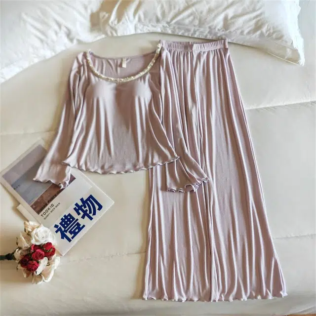 俞兆林 带胸垫高级感轻奢纯色柔软长袖两件套家居服睡衣礼盒 女款