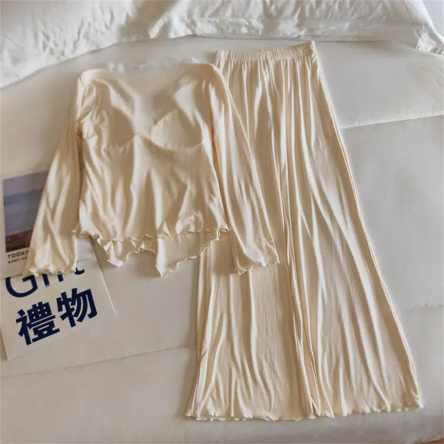 俞兆林 柔软莫代尔带胸垫夏天轻奢高级感纯色长袖长裤宽松舒适两件套家居服睡衣礼盒 夏季 女款