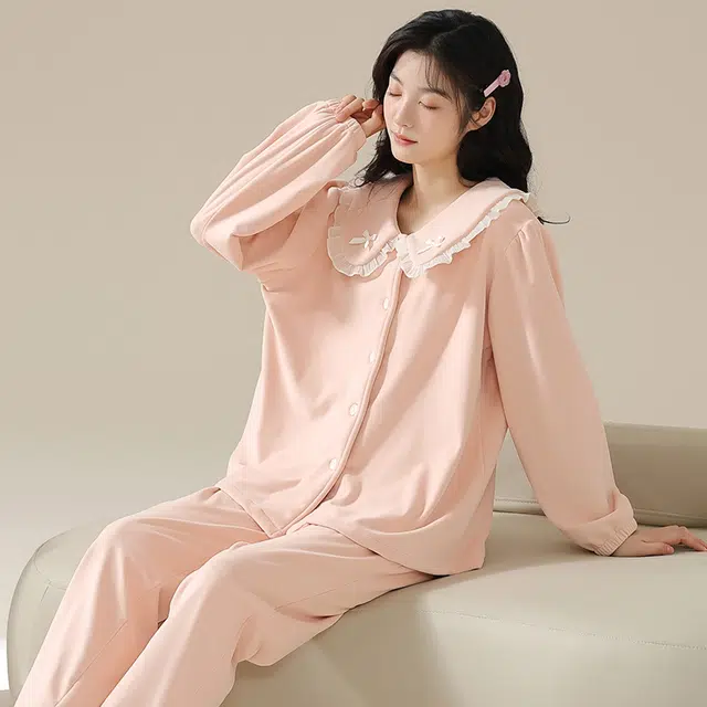 俞兆林 甜美纯色时尚少女娃娃领长袖长袖海岛绒加厚蓄温休闲亲肤睡衣套装 秋冬季 女款