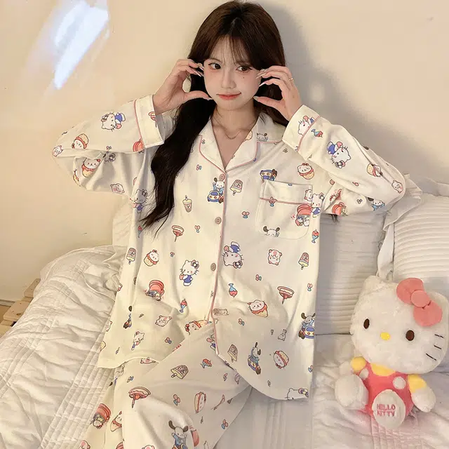俞兆林 甜美可爱卡通翻领长袖长裤亲肤舒适家居服休闲保暖睡衣套装 女款 白色