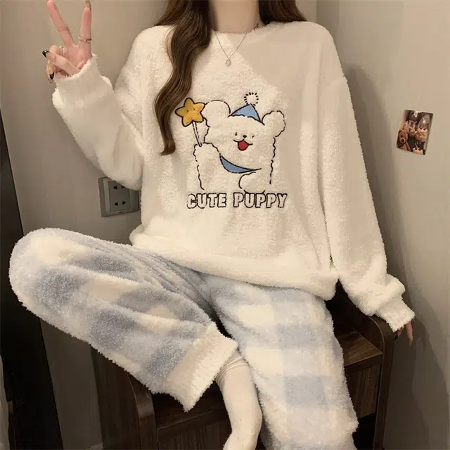 俞兆林 甜美可爱卡通简约时尚亲肤长袖长裤保暖舒适家居服睡衣套装 女款 白色