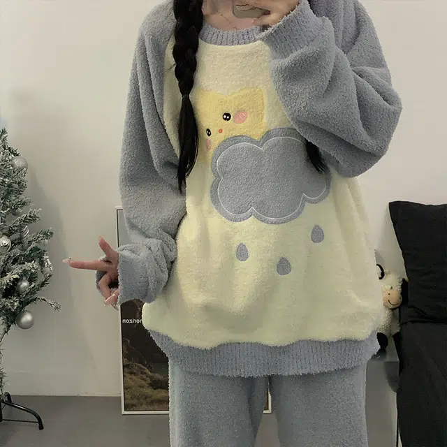 俞兆林 简约可爱云朵星星卡通甜美长袖长裤保暖休闲舒适睡衣套装 女款 灰色