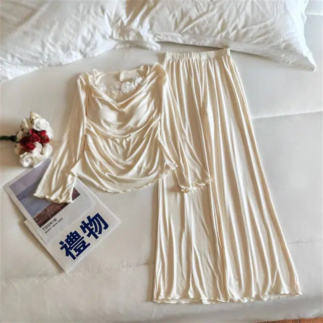 俞兆林 带胸垫夏天轻奢高级感纯色长袖长裤柔软莫代尔两件套宽松舒适家居服睡衣礼盒 夏季 女款