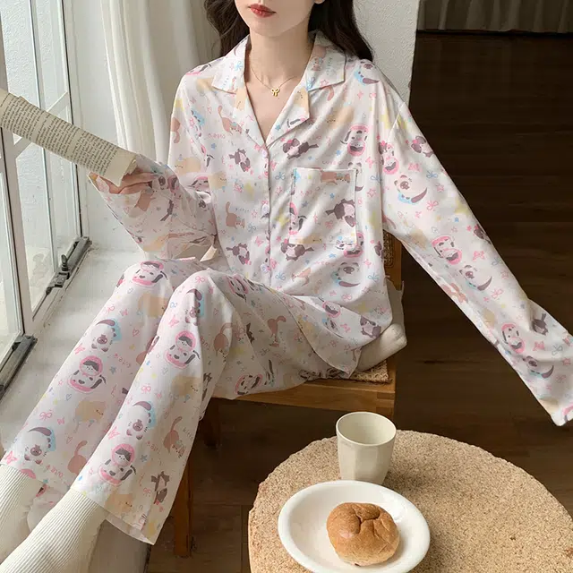俞兆林 亲肤舒适甜美可爱卡通长袖长裤睡衣套装 女款 白色