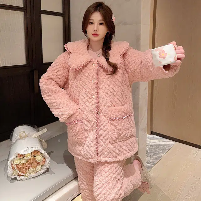 俞兆林 甜美翻领保暖长袖上衣加绒加厚家居服长裤睡衣套装 女款 豆沙色