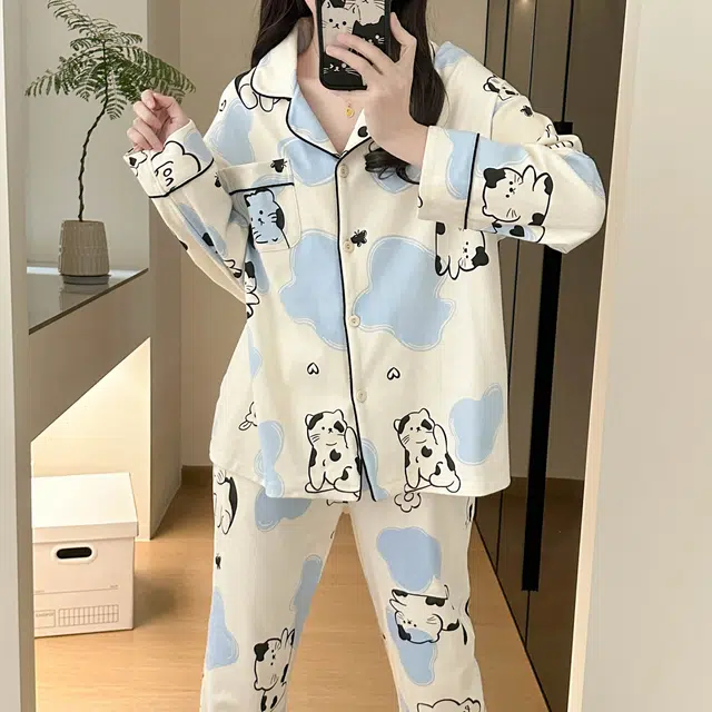 俞兆林 亲肤轻柔可爱卡通开衫翻领舒适家居服睡衣套装 女款 杏色