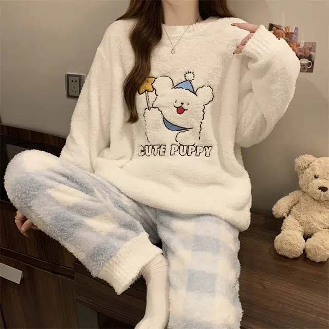 俞兆林 甜美可爱卡通简约时尚亲肤长袖长裤保暖舒适家居服睡衣套装 女款 白色