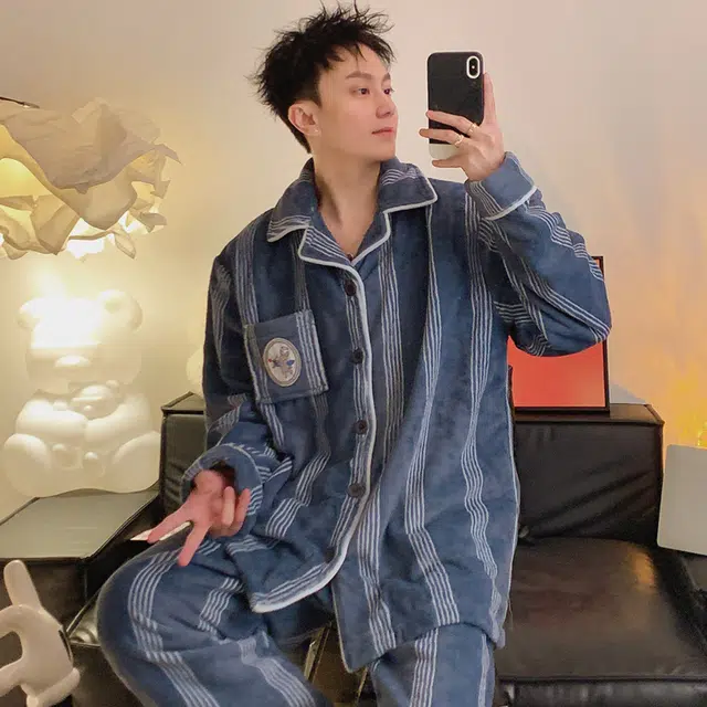 俞兆林 加厚时尚简约条纹保暖蓄温长袖长裤舒适亲肤家居服睡衣套装 男款 蓝色