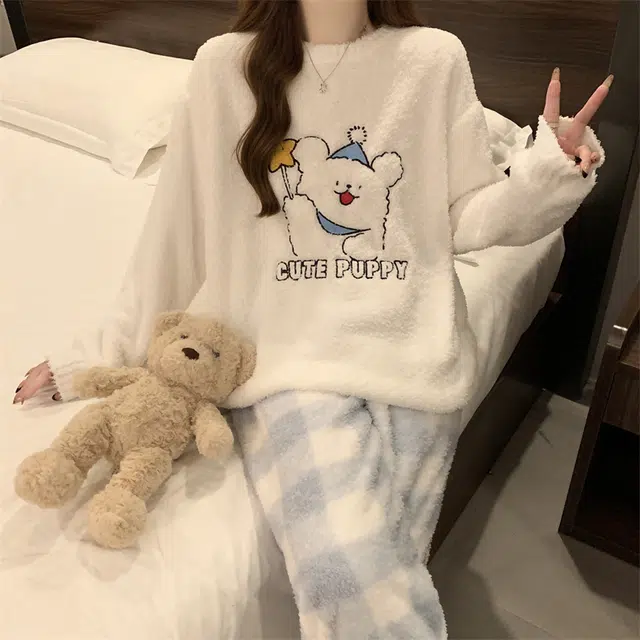 俞兆林 甜美可爱卡通简约时尚亲肤长袖长裤保暖舒适家居服睡衣套装 女款 白色