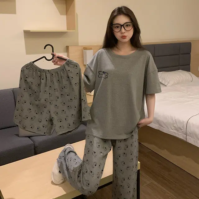 俞兆林 柔软可爱长条狗卡通圆领透气短袖舒适休闲家居服睡衣套装 女款 深灰色