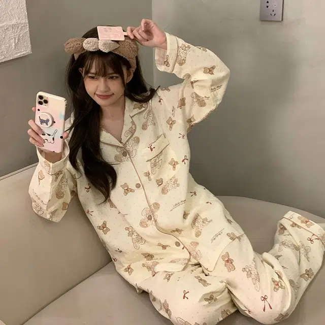 俞兆林 可爱时尚卡通高级感柔软纯棉翻领甜美少女学生舒适长袖长裤家居服睡衣套装 秋冬季 女款
