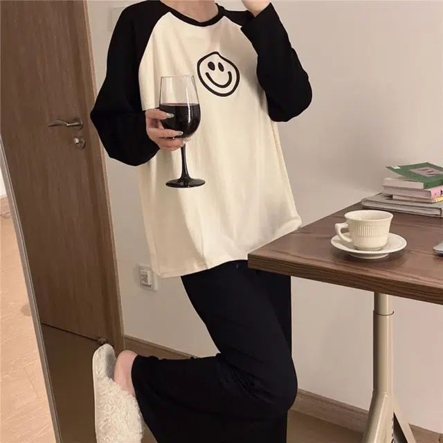 俞兆林 高级感笑脸圆领可爱长袖长裤可外穿家居服睡衣套装 女款 黑杏