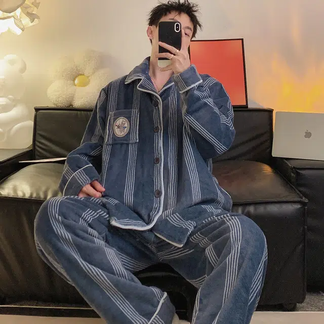 俞兆林 加厚时尚简约条纹保暖蓄温长袖长裤舒适亲肤家居服睡衣套装 男款 蓝色