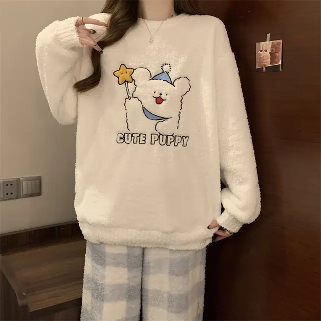 俞兆林 甜美可爱卡通简约时尚亲肤长袖长裤保暖舒适家居服睡衣套装 女款 白色