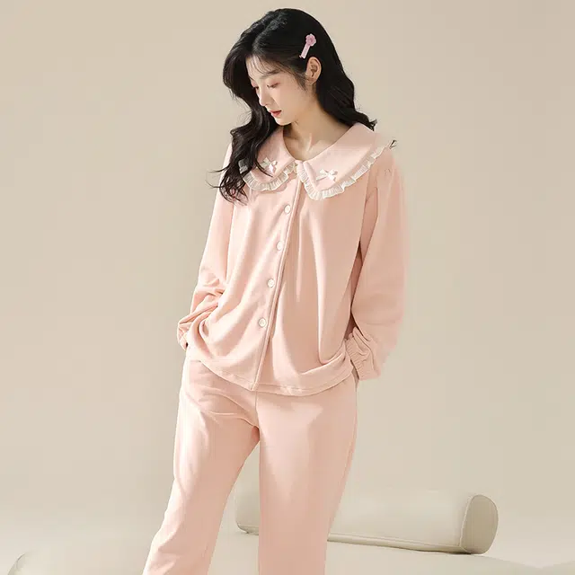 俞兆林 甜美纯色时尚少女娃娃领长袖长袖海岛绒加厚蓄温休闲亲肤睡衣套装 秋冬季 女款