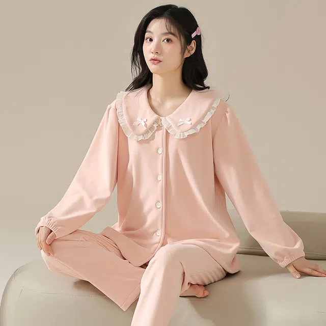 俞兆林 甜美纯色时尚少女娃娃领长袖长袖海岛绒加厚蓄温休闲亲肤睡衣套装 秋冬季 女款
