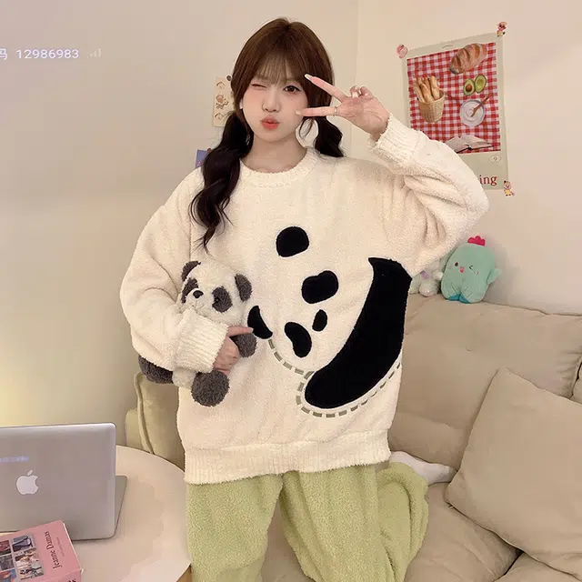 俞兆林 可爱熊猫时尚卡通甜美亲肤半边绒保暖长袖长裤舒适休闲睡衣套装 女款 白色