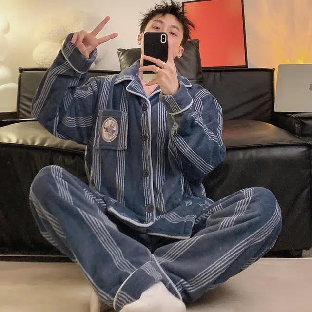 俞兆林 加厚时尚简约条纹保暖蓄温长袖长裤舒适亲肤家居服睡衣套装 男款 蓝色