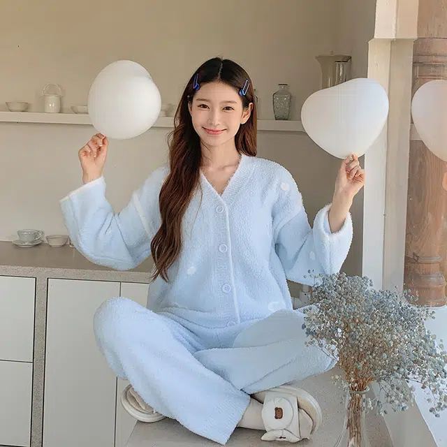 俞兆林 高级感时尚加厚半边绒长袖长裤柔软舒适家居服睡衣套装 女款 蓝色