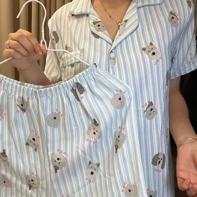 俞兆林 可爱卡通条纹小狗翻领宽松舒适春秋短袖长裤高级感三件套休闲学生家居服睡衣套装 女款