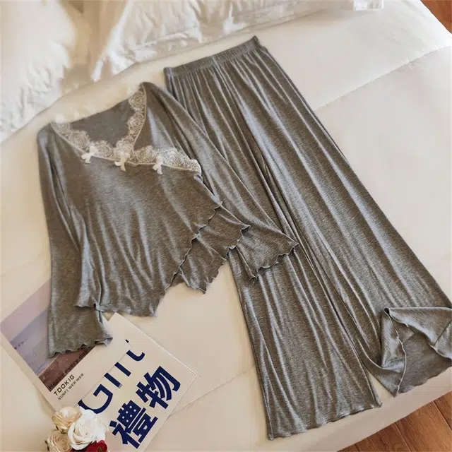 俞兆林 带胸垫夏天轻奢高级感纯色柔软莫代尔长袖长裤宽松休闲家居服两件套睡衣礼盒 夏季 女款