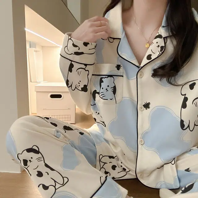 俞兆林 亲肤轻柔可爱卡通开衫翻领舒适家居服睡衣套装 女款 杏色