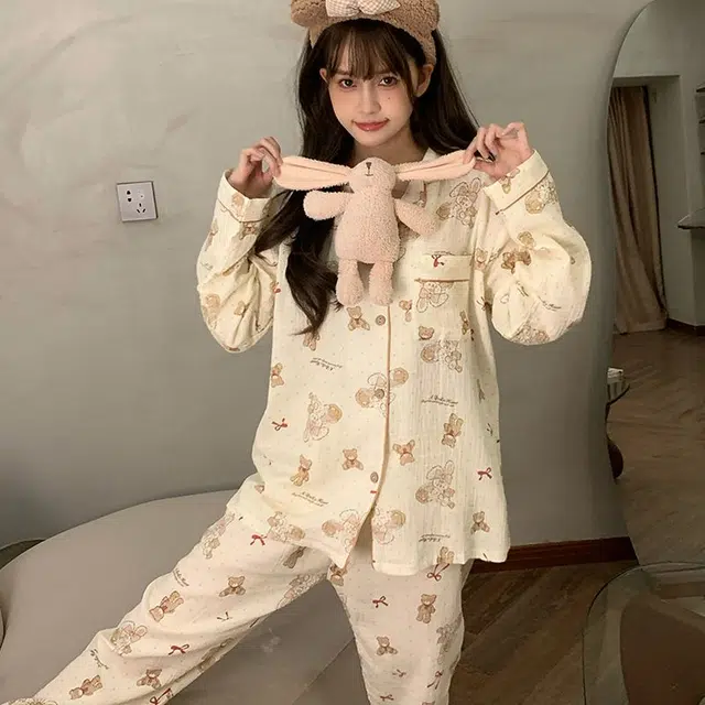 俞兆林 可爱时尚卡通高级感柔软纯棉翻领甜美少女学生舒适长袖长裤家居服睡衣套装 秋冬季 女款