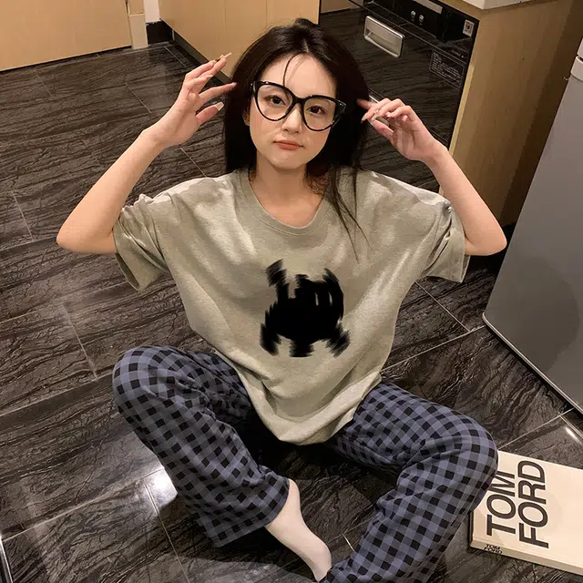 俞兆林 简约小黑猫时尚卡通圆领柔软亲肤短袖长裤休闲可外穿春夏季睡衣套装 女款 灰色