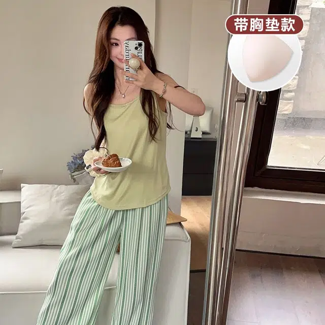 俞兆林 柔软带胸垫简约纯色背心长裤甜美舒适休闲家居服睡衣套装 女款