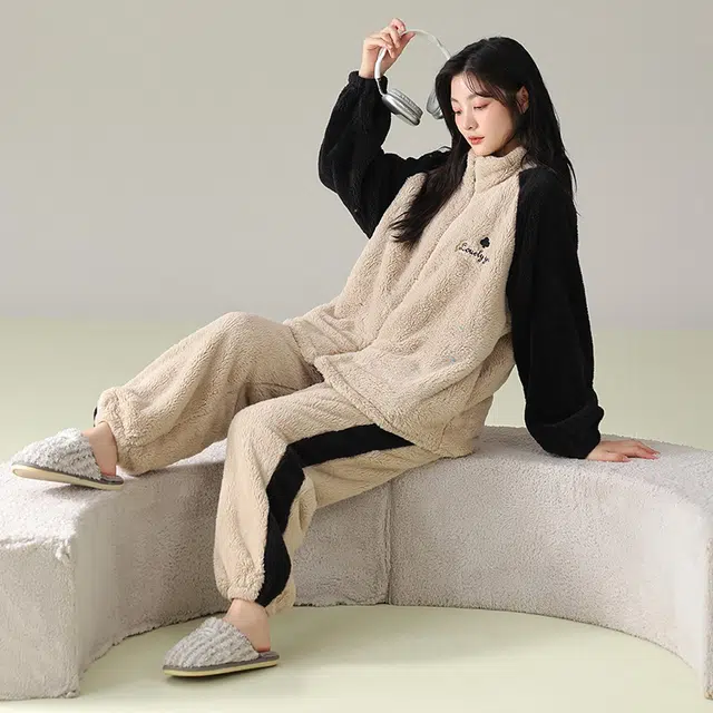 俞兆林 简约时尚柔软亲肤长袖长裤舒适休闲家居服睡衣套装 女款 杏色