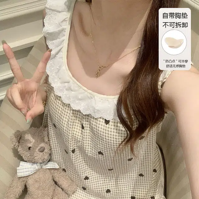 俞兆林 带胸垫简约爱心卡通花边圆领宽松吊带短裤两件套舒适透气背心家居服睡衣套装 夏季 女款
