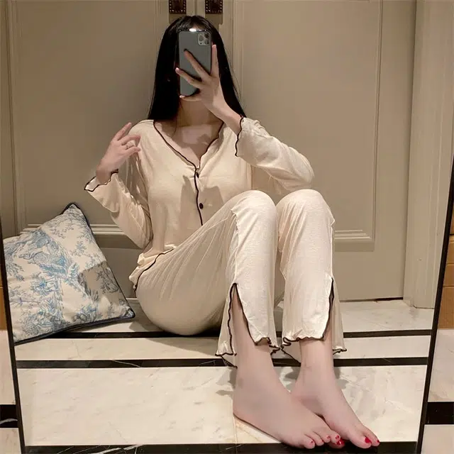 俞兆林 轻奢高级感纯色带胸垫夏天柔软莫代尔长袖两件套春秋休闲家居服睡衣礼盒 夏季 女款