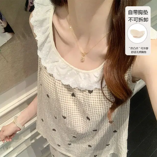 俞兆林 带胸垫简约爱心卡通花边圆领宽松吊带短裤两件套舒适透气背心家居服睡衣套装 夏季 女款
