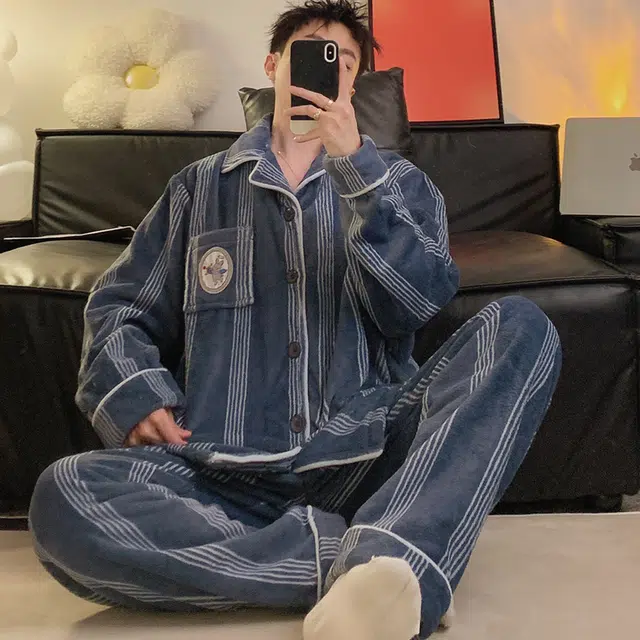 俞兆林 加厚时尚简约条纹保暖蓄温长袖长裤舒适亲肤家居服睡衣套装 男款 蓝色