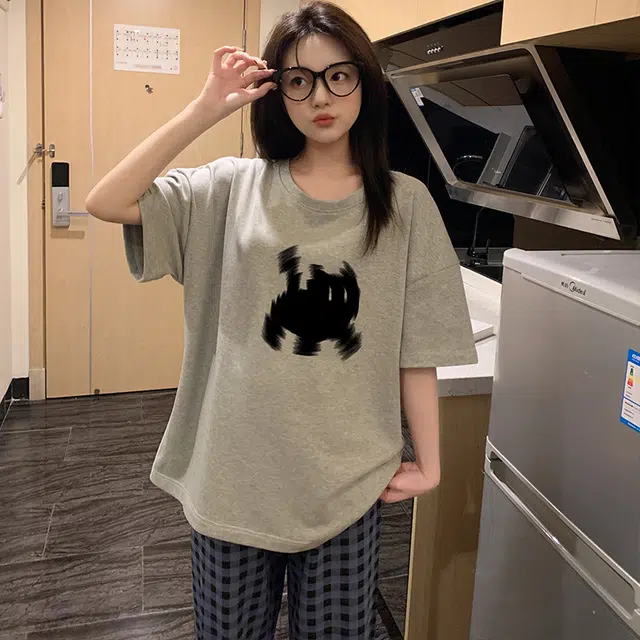 俞兆林 简约小黑猫时尚卡通圆领柔软亲肤短袖长裤休闲可外穿春夏季睡衣套装 女款 灰色