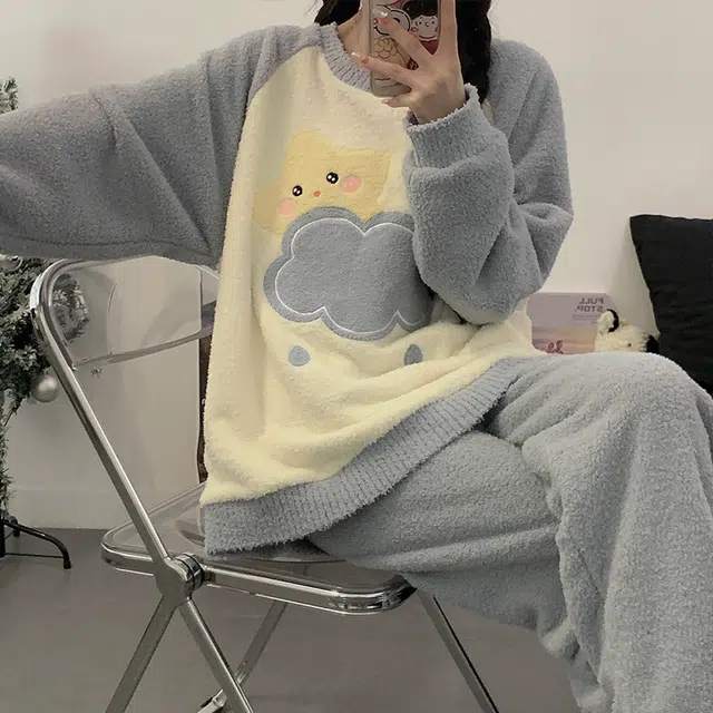 俞兆林 简约可爱云朵星星卡通甜美长袖长裤保暖休闲舒适睡衣套装 女款 灰色
