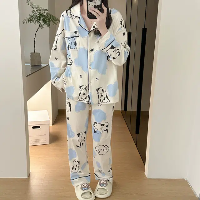 俞兆林 亲肤轻柔可爱卡通开衫翻领舒适家居服睡衣套装 女款 杏色