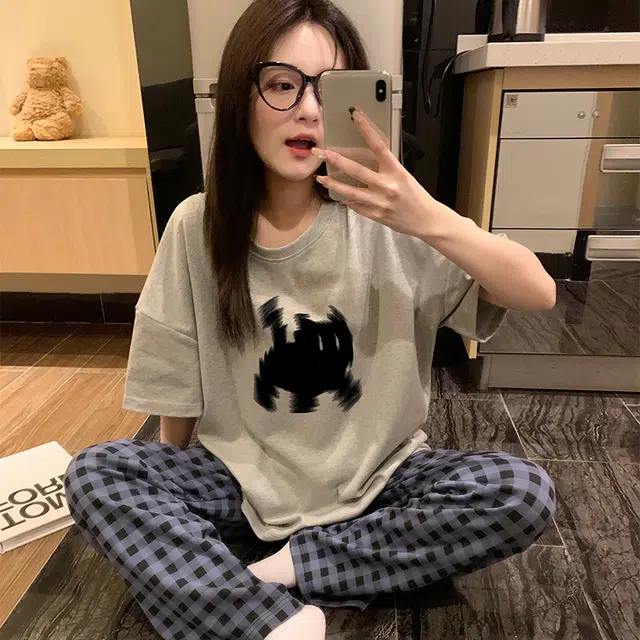 俞兆林 简约小黑猫时尚卡通圆领柔软亲肤短袖长裤休闲可外穿春夏季睡衣套装 女款 灰色