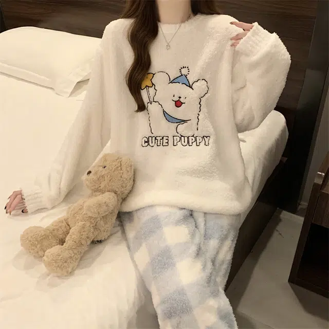 俞兆林 甜美可爱卡通简约时尚亲肤长袖长裤保暖舒适家居服睡衣套装 女款 白色
