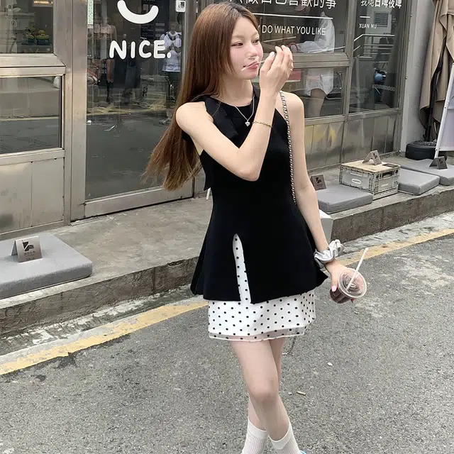 依钗 韩系纯色无袖波点小个子绝美短裙裙装套装 女款